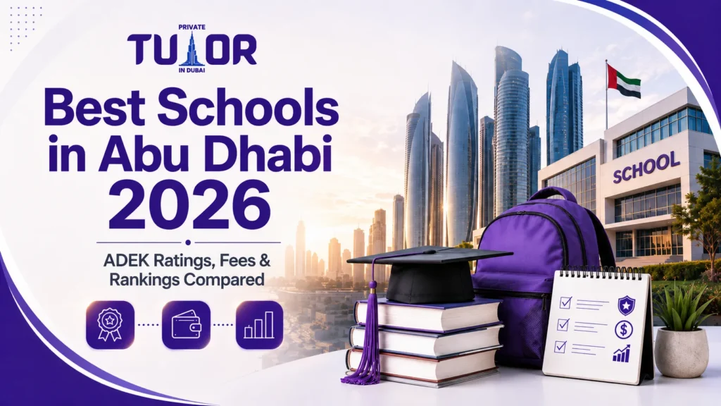 Parents and child reviewing Abu Dhabi school ratings and fees on a laptop