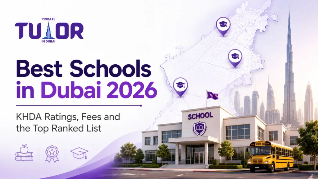 Parents and children walking into a KHDA-rated private school campus in Dubai
